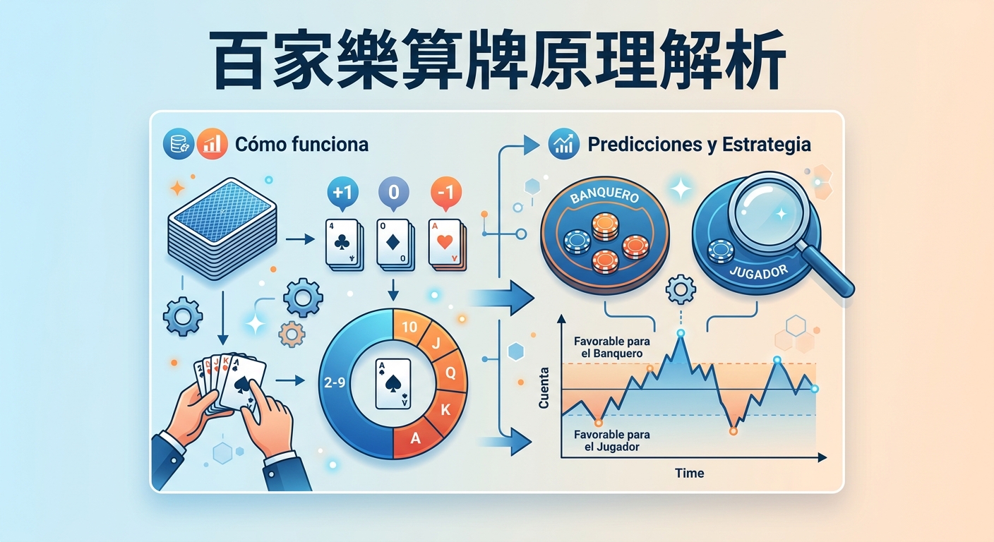 這張圖解展示了百家樂算牌的運作原理，包含點數追蹤、核心牌型分佈與數據圖表。 標題採用清晰的大字「百家樂算牌原理解析」，配以現代感十足且易於理解的向量插圖風格。