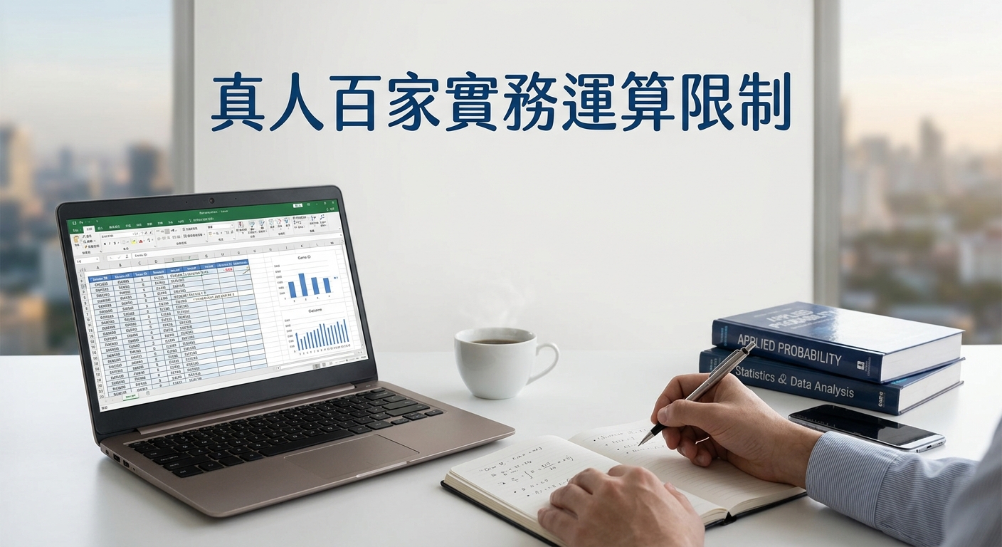 這張圖片展示了一工作檯面，上方放置著打開數據表格的筆電、筆記本與機率統計書籍，背景為現代都市景觀。 畫面上方標有深藍色的繁體中文標題「真人百家實務運算限制」，展現出專業數據分析與實務研究的氛圍。