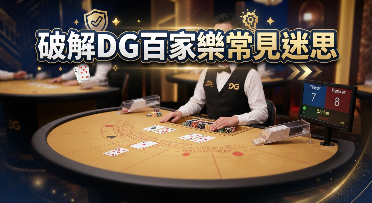 這是一張以「破解DG百家樂常見迷思」為主題的遊戲封面圖片。 畫面中展示了真人百家樂賭桌、發牌員以及顯示遊戲結果的螢幕。